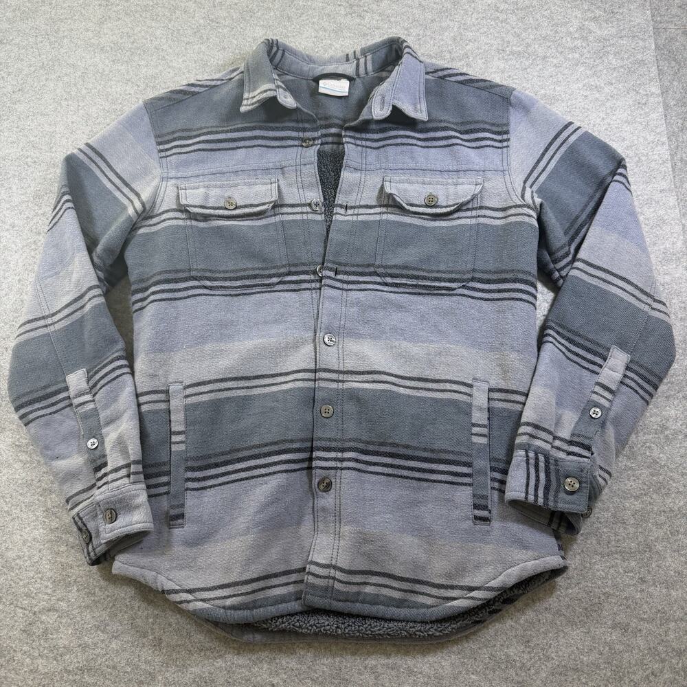 Columbia Sherpa Lined Flannel Button Shacket Mens S Blue Gray Stripe Heavyweight